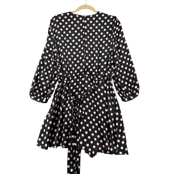 Zara Black Polka Dot Long Sleeves V Neck Wrap Shorts Romper Womens USA L - Picture 2 of 9